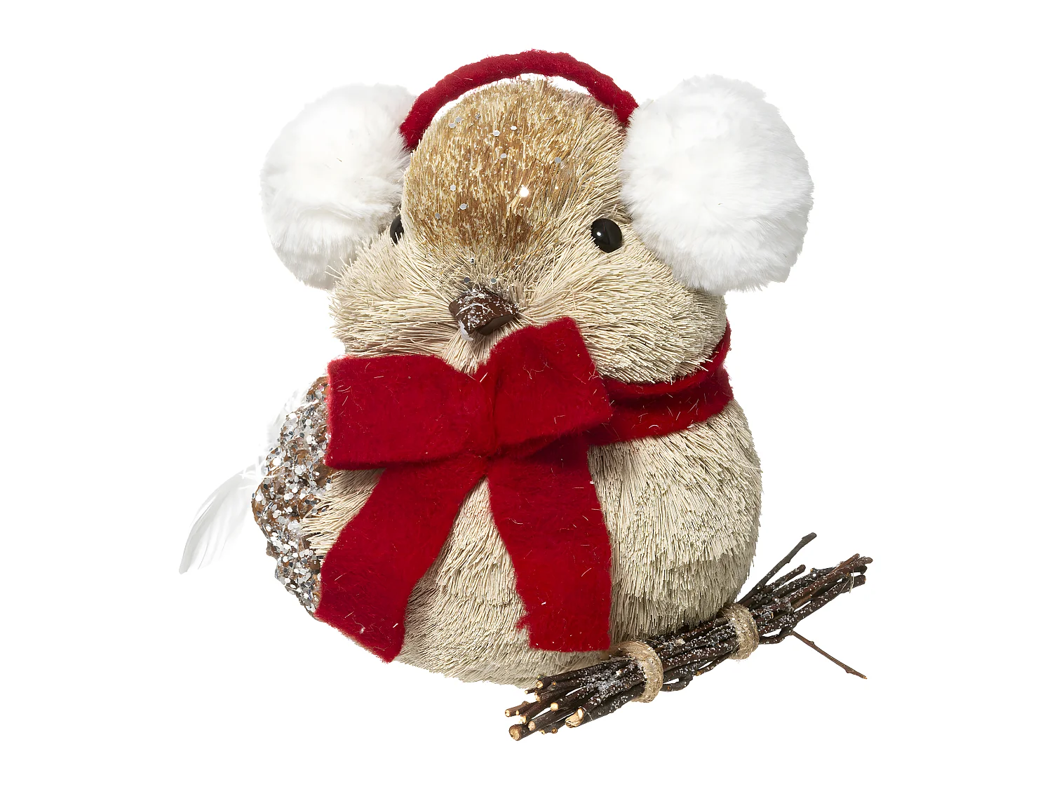 Déco de Noël Oiseau beige avec cache oreilles  H 31 cm