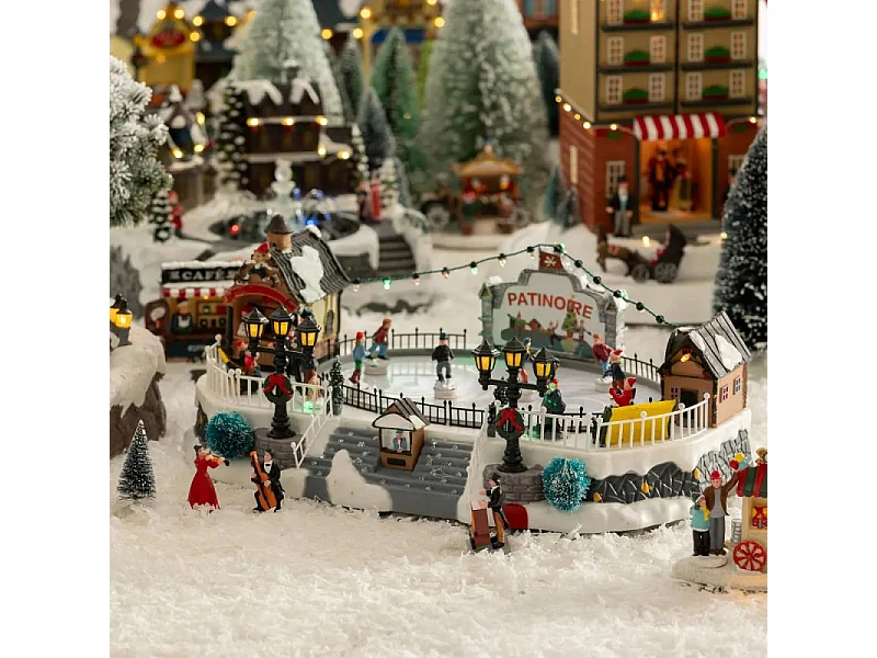 Village de Noël lumineux, animé et musical Patinoire avec 10 Santons
