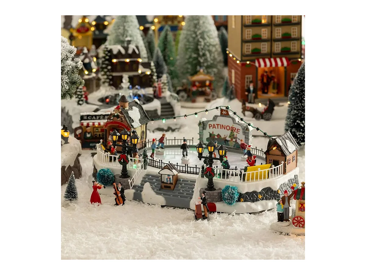 Village de Noël lumineux, animé et musical Patinoire avec 10 Santons