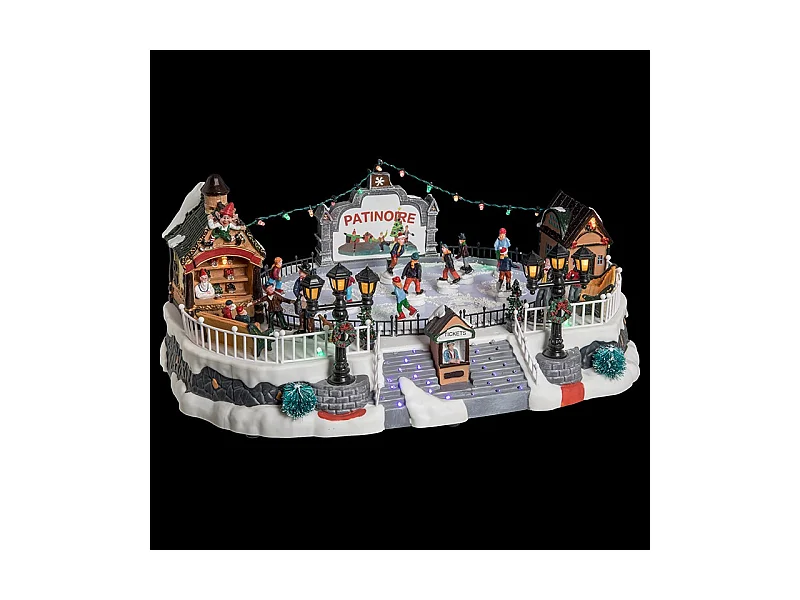 Village de Noël lumineux, animé et musical Patinoire avec 10 Santons