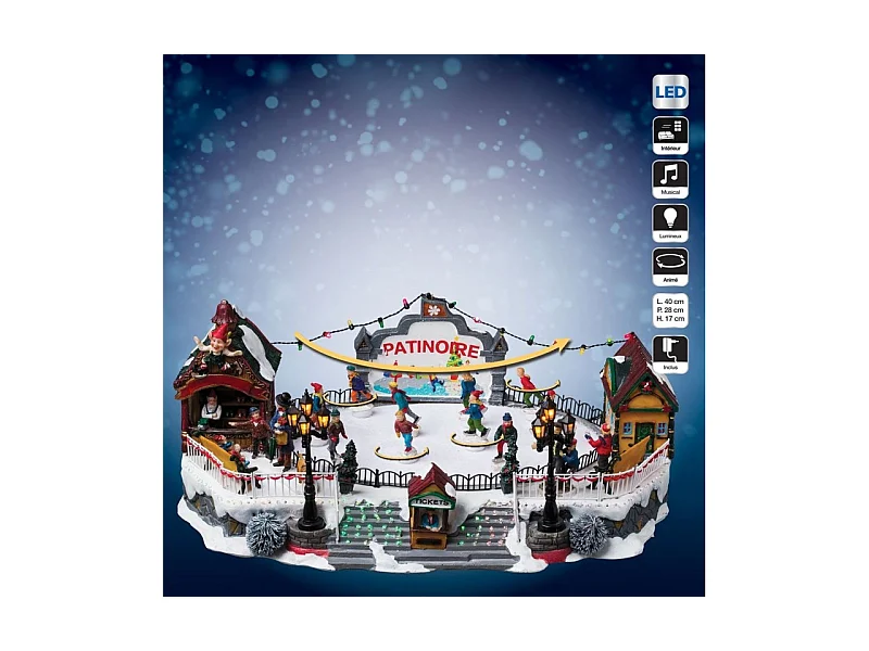 Village de Noël lumineux, animé et musical Patinoire avec 10 Santons