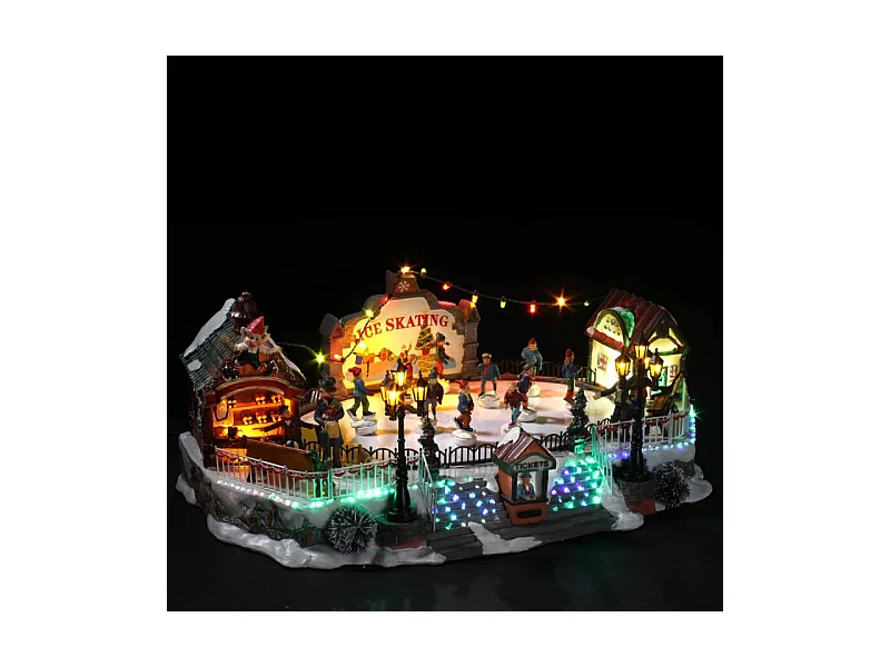Village de Noël lumineux, animé et musical Patinoire avec 10 Santons