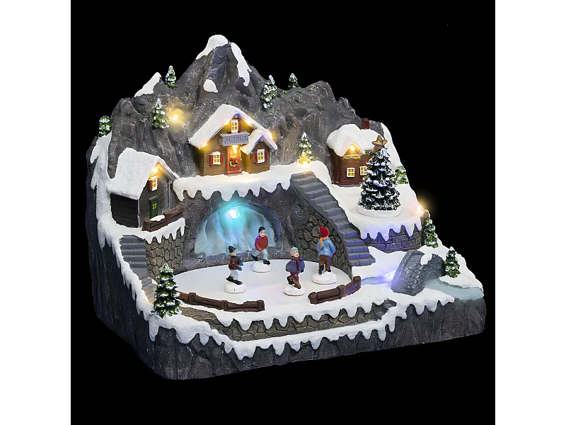 Village de Noël lumineux, animé et musical Maisons autour d'un Etang gelé