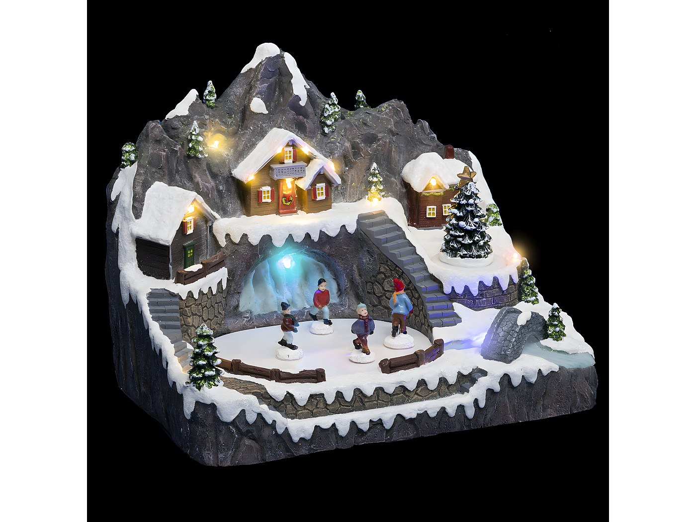 Village de Noël lumineux, animé et musical Maisons autour d'un Etang gelé