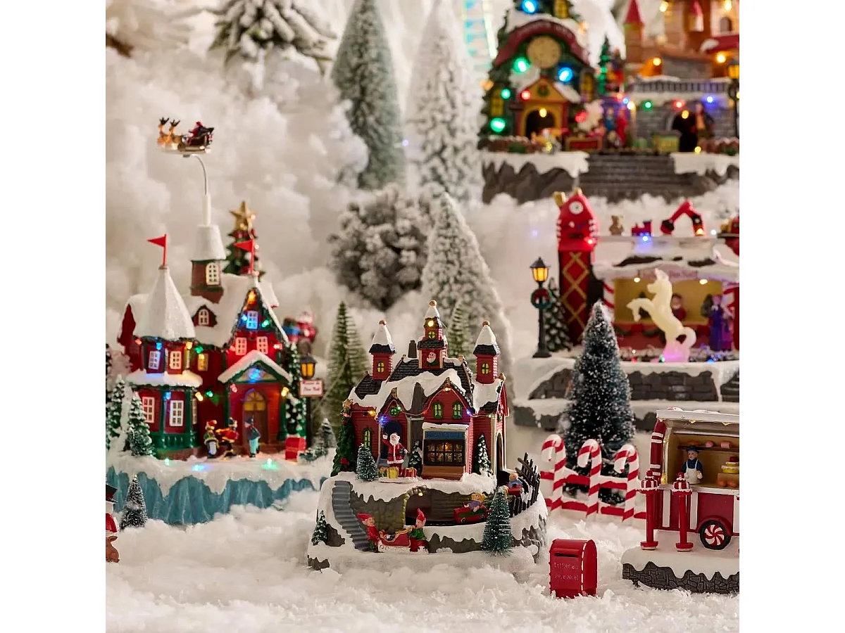 Village de Noël lumineux, animé et musical  Maison du Père Noël avec train