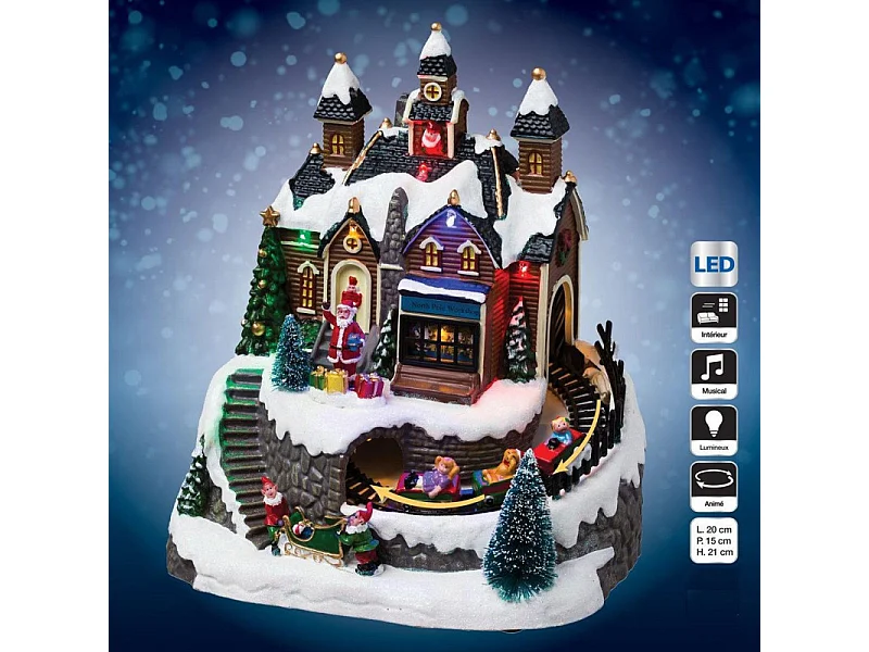 Village de Noël lumineux, animé et musical  Maison du Père Noël avec train