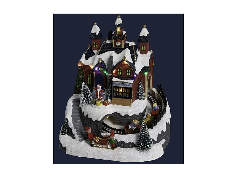 Village de Noël lumineux, animé et musical  Maison du Père Noël avec train
