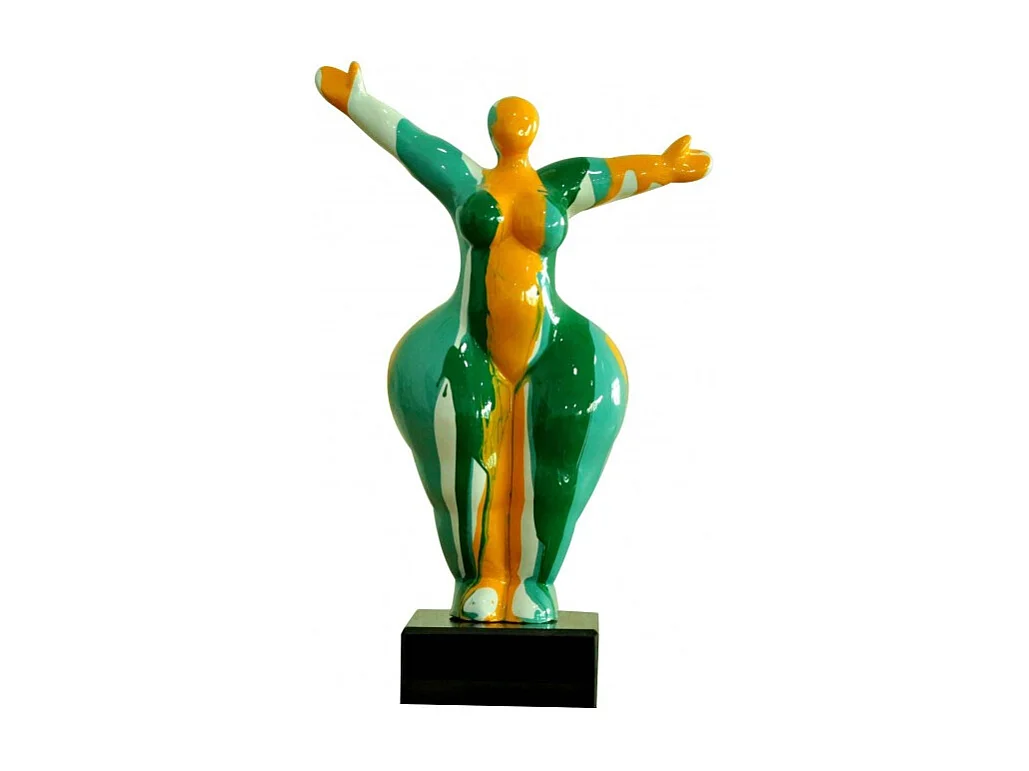 Statue femme bras levés coulures vert / orange H34 cm - LADY DRIPS 02