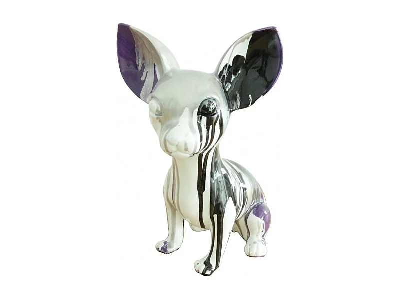 Statue chien chihuahua coulures argentées et violet H.30 cm - BEVERLY 02