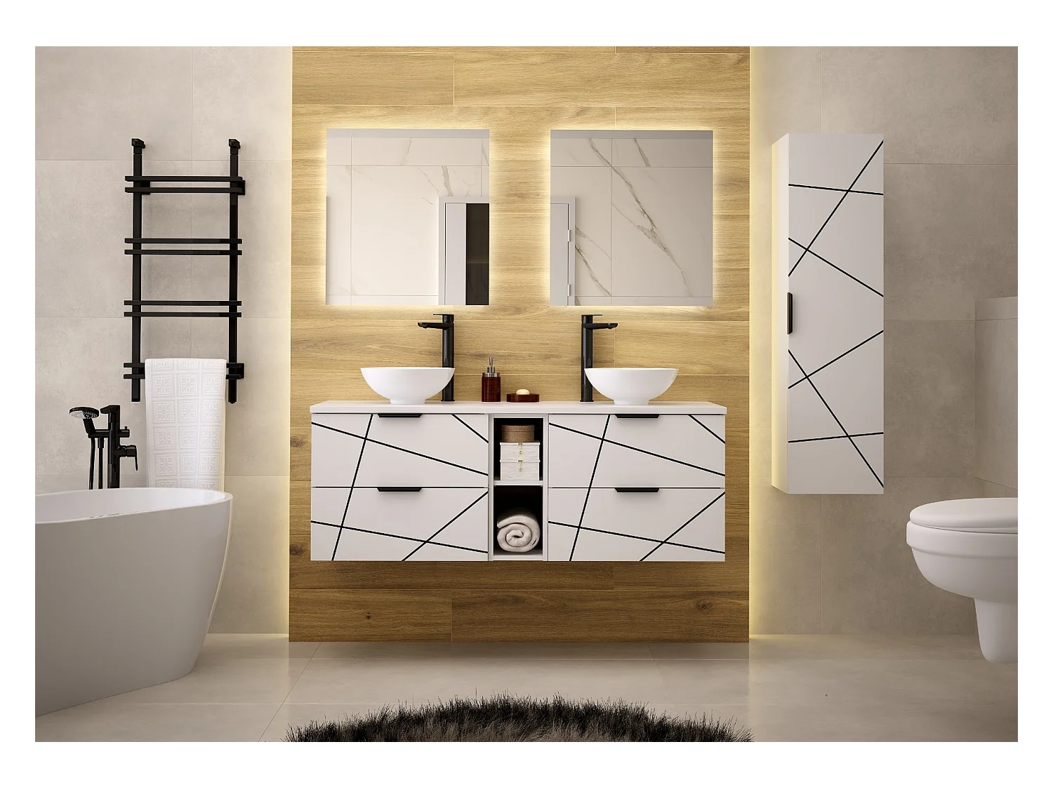 Badezimmer-Set 140 cm Schrank mit Waschtisch und Regal und Waschbecken Weiß Matt Wood