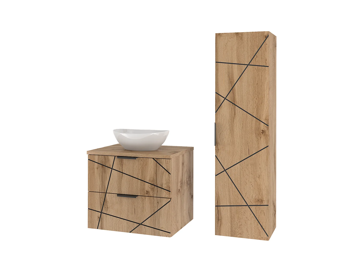 Ensemble de salle de bain 60 cm Meuble avec plan de travail Lavabo Colonne Chêne Wotan Wood