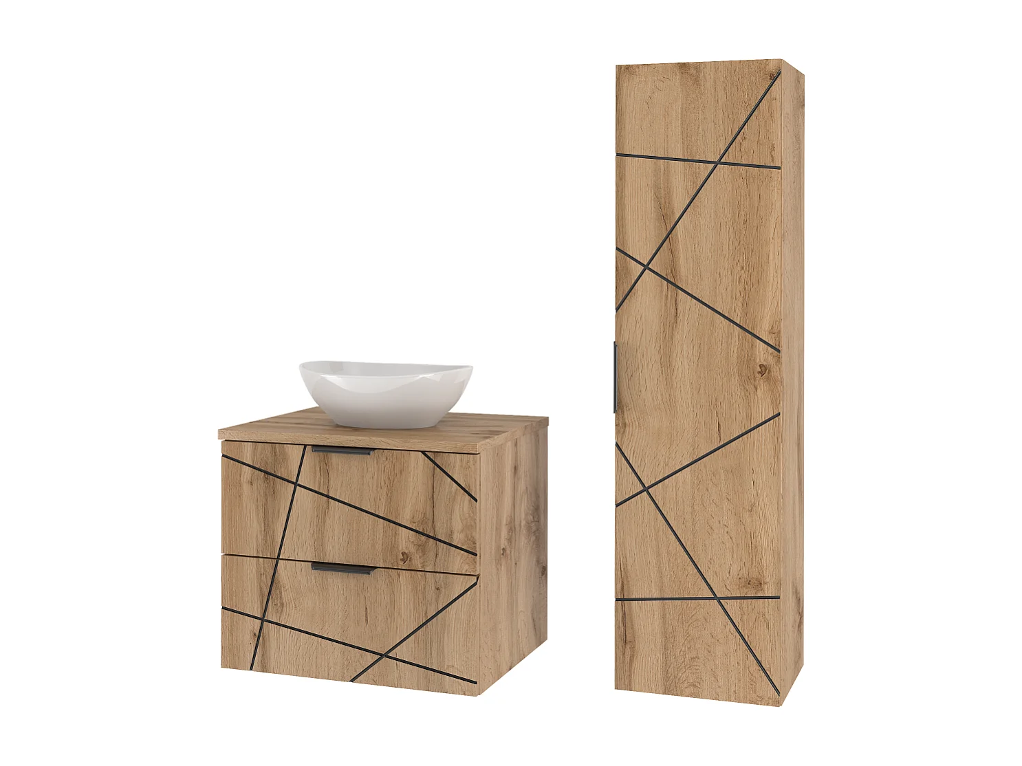 Ensemble de salle de bain 60 cm Meuble avec plan de travail Lavabo Colonne Chêne Wotan Wood