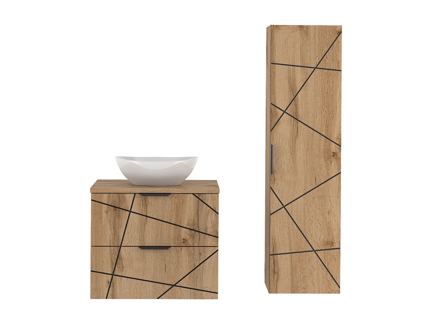 Ensemble de salle de bain 60 cm Meuble avec plan de travail Lavabo Colonne Chêne Wotan Wood