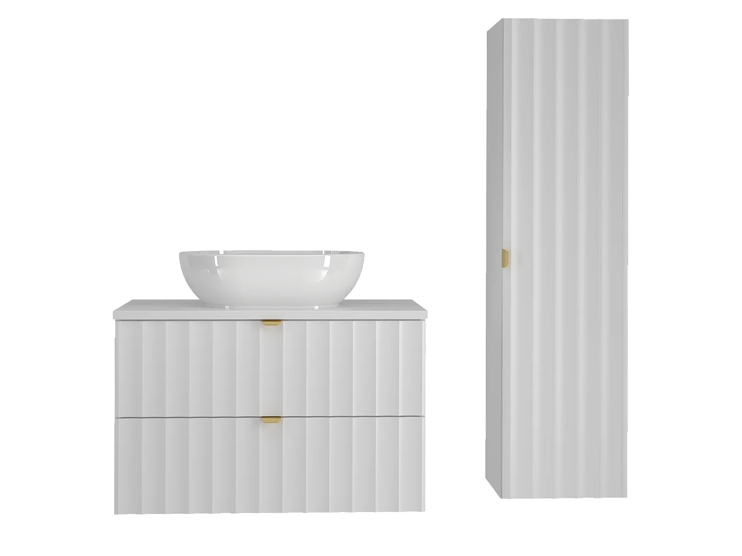 Witte badkamerset 80 cm Kast met blad Wastafel Kolom Geribbelde fronten Arcos