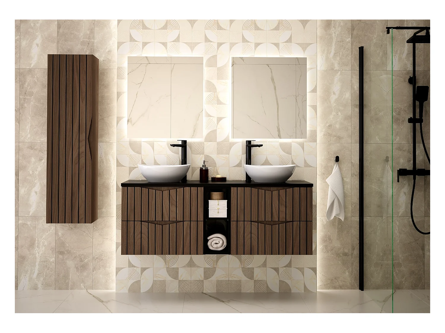 Ensemble de salle de bain 140 cm Armoire avec plan de travail Étagère Lavabo Façades rainurées Chêne Noyer Stella