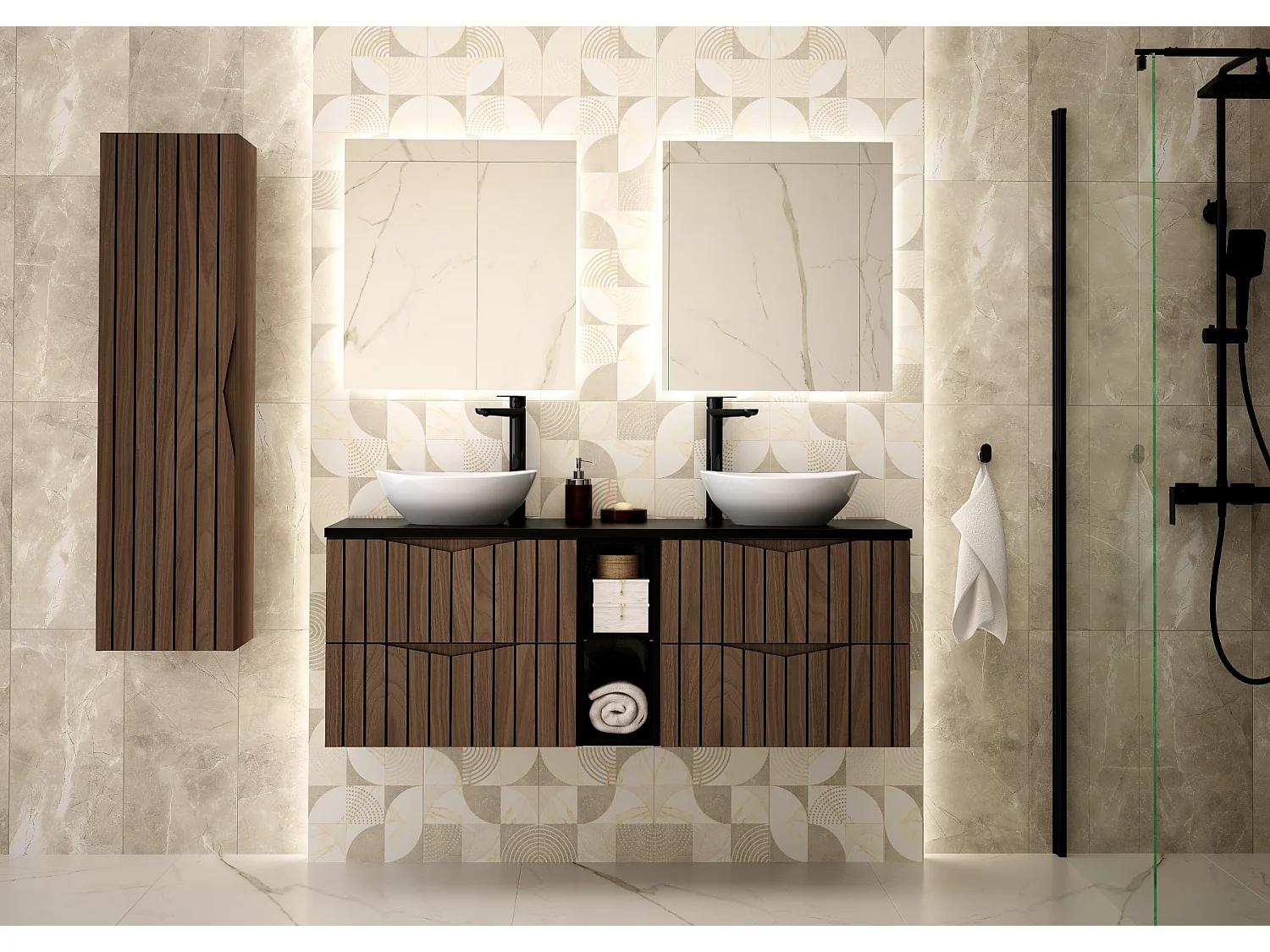 Ensemble de salle de bain 140 cm Armoire avec plan de travail Étagère Lavabo Façades rainurées Chêne Noyer Stella