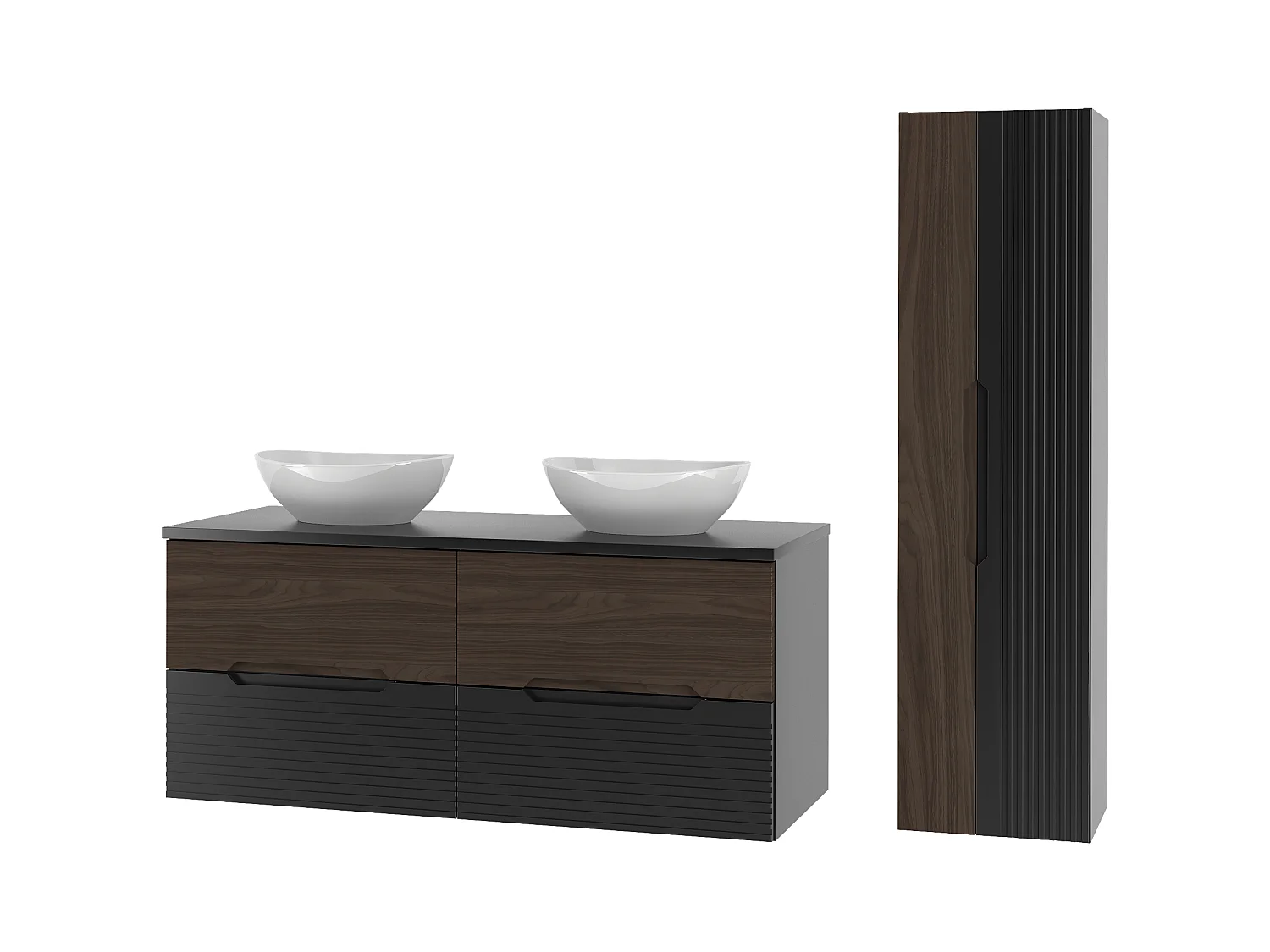 Ensemble de salle de bain 120 cm Armoire avec plan de travail Lavabo Colonne Noir mat / Noyer Avella