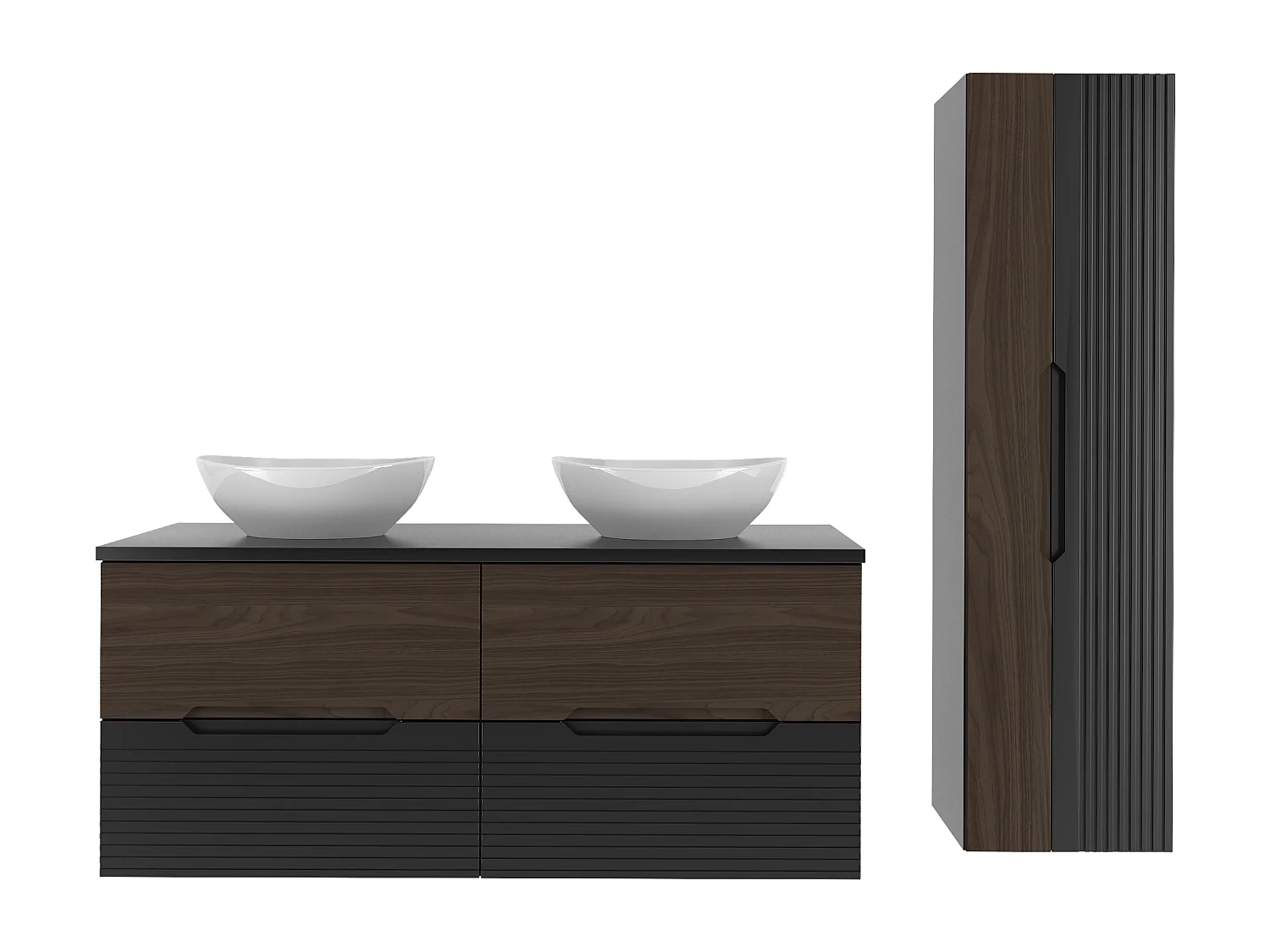 Ensemble de salle de bain 120 cm Armoire avec plan de travail Lavabo Colonne Noir mat / Noyer Avella