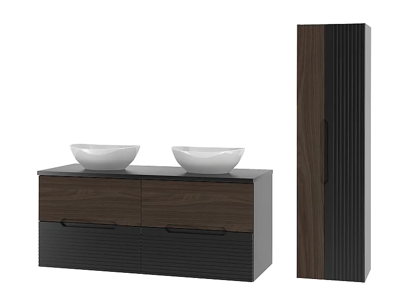 Ensemble de salle de bain 120 cm Armoire avec plan de travail Lavabo Colonne Noir mat / Noyer Avella