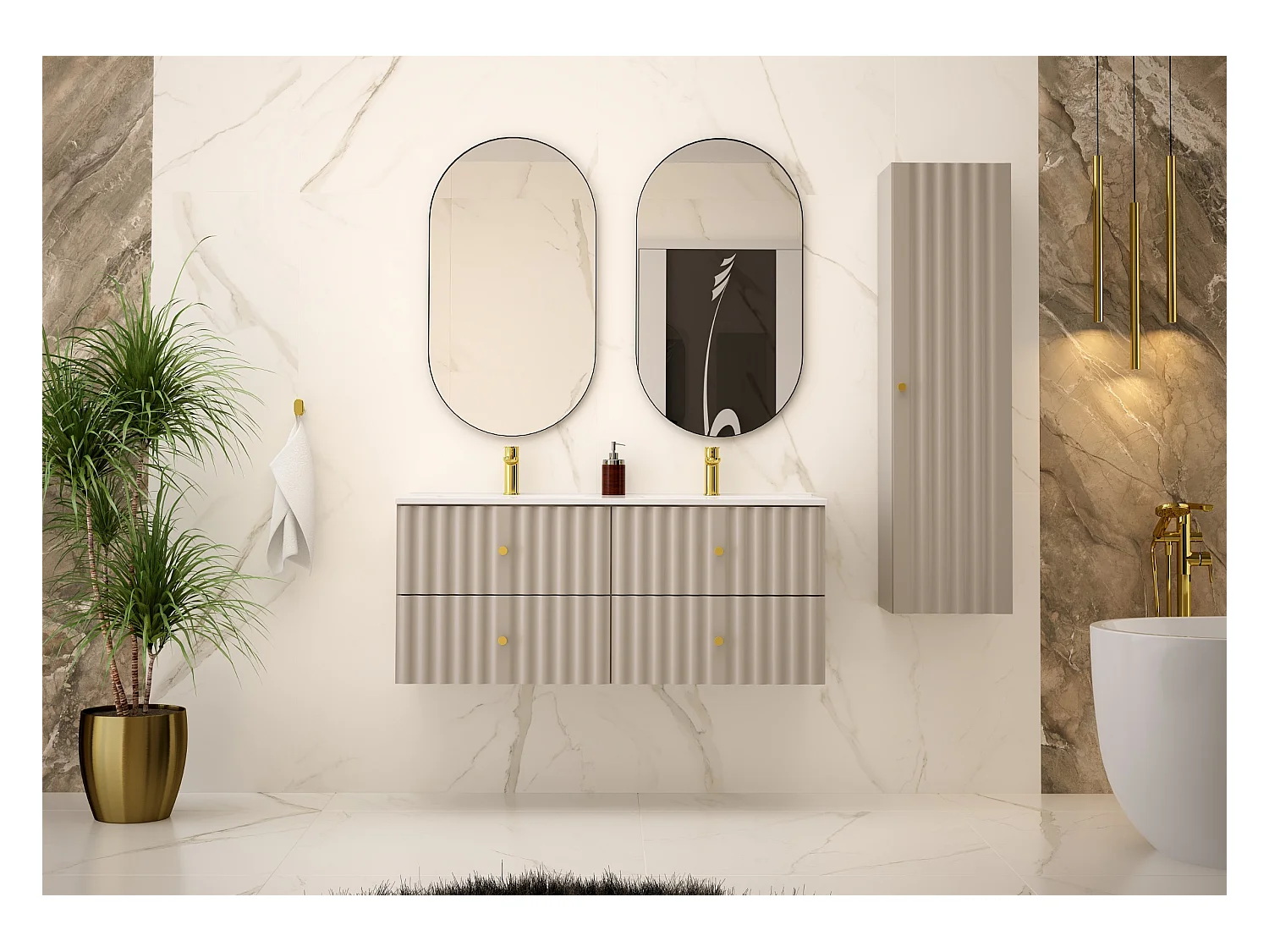 Ensemble de salle de bain en cachemire 120 cm Meuble avec lavabo Façades rainurées Aqua