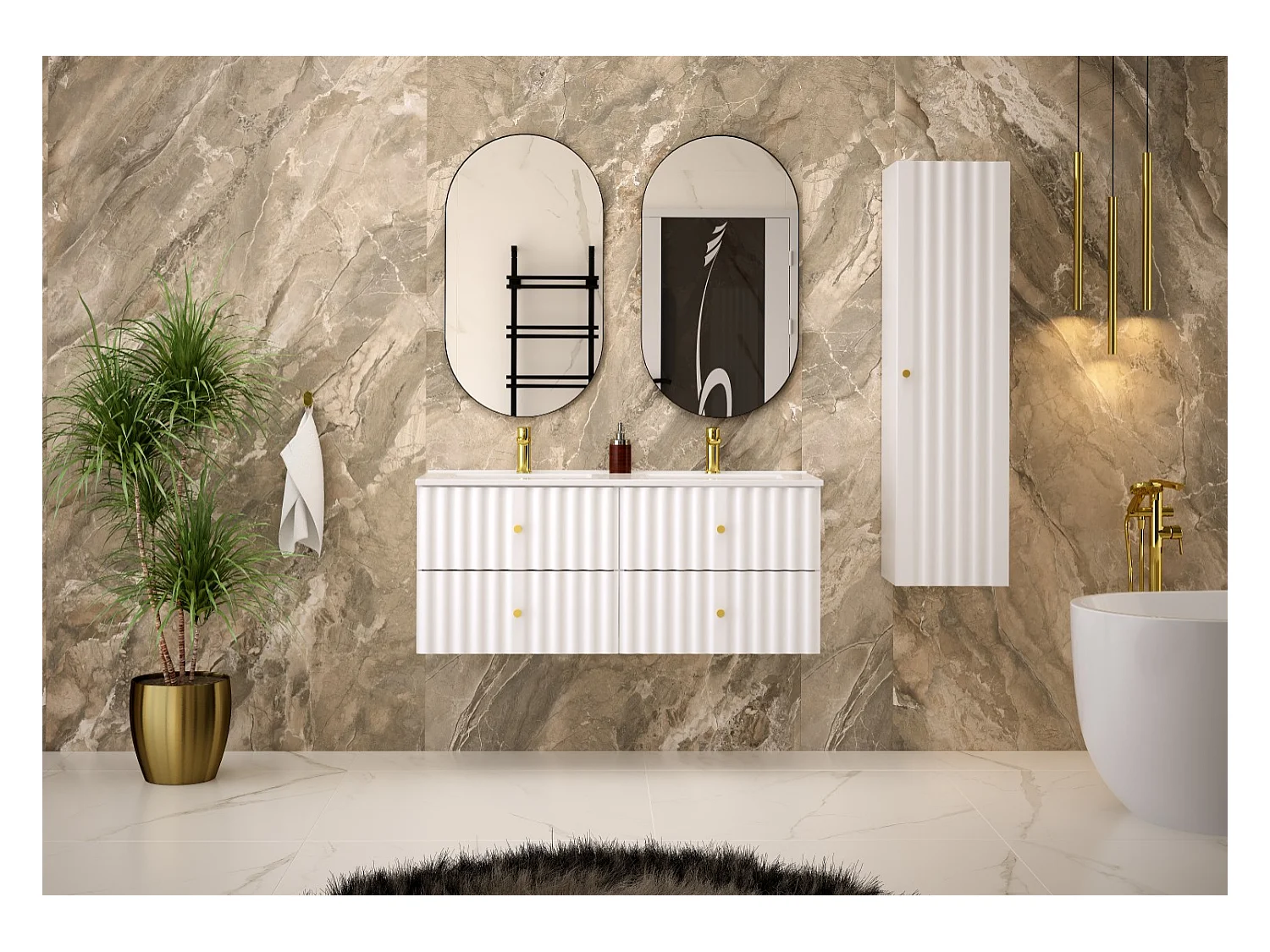 Ensemble de salle de bain blanc 120 cm Meuble avec lavabo Façades rainurées Aqua