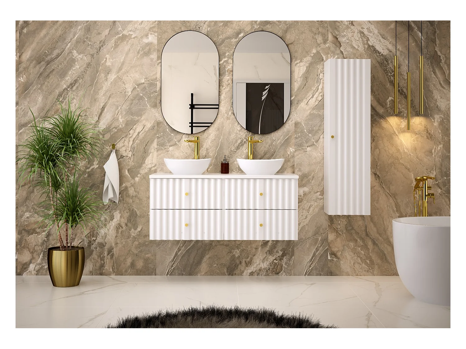 Ensemble de salle de bain blanc 120 cm Meuble avec plan de travail Lavabo Façades rainurées Aqua