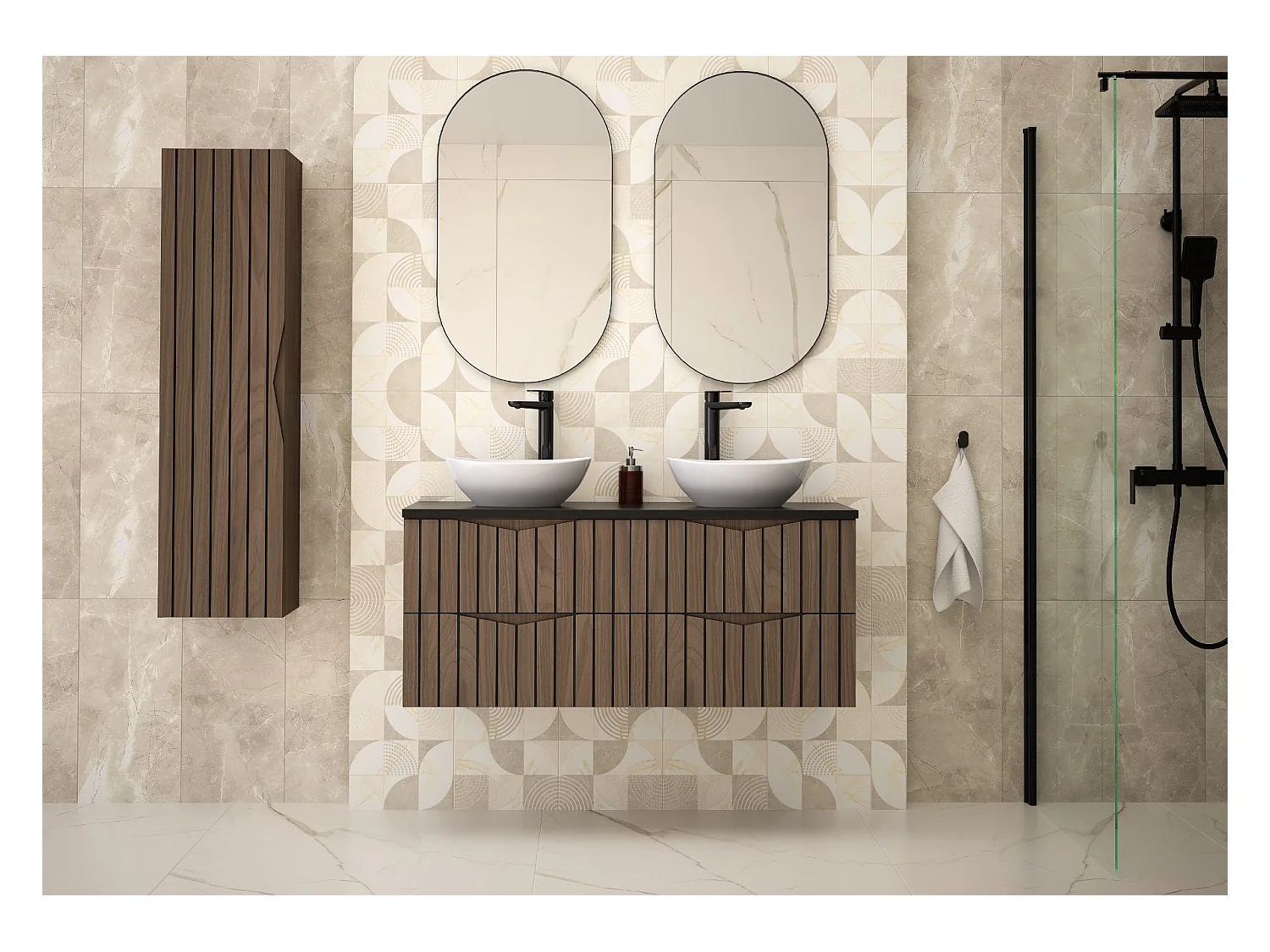 Ensemble de salle de bain 120 cm Armoire avec plan de travail Lavabo Façades rainurées Chêne Noyer Stella