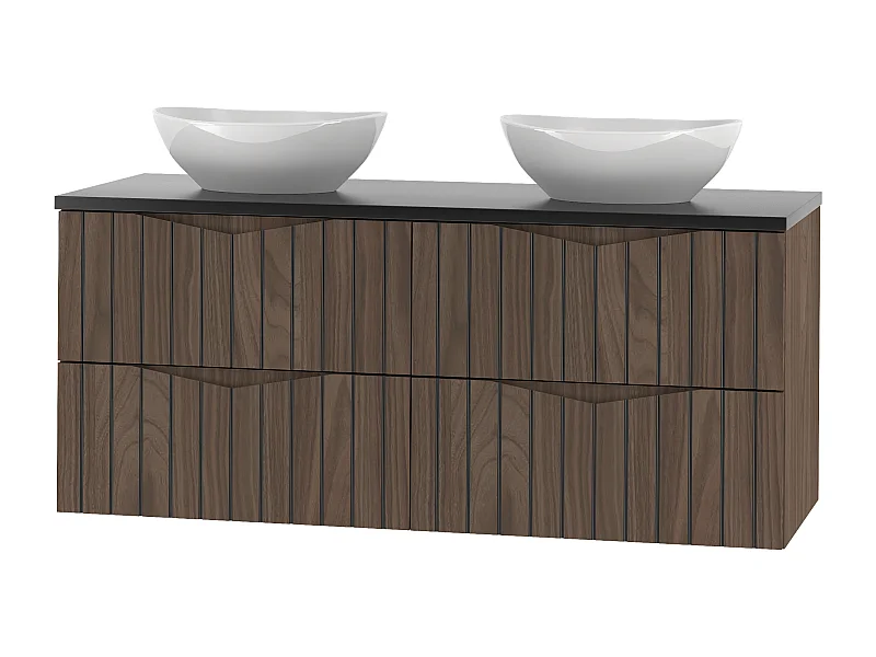 Badezimmer-Set 120 cm Schrank mit Waschtischplatte und Waschbecken Geriffelte Fronten Eiche Nussbaum Stella