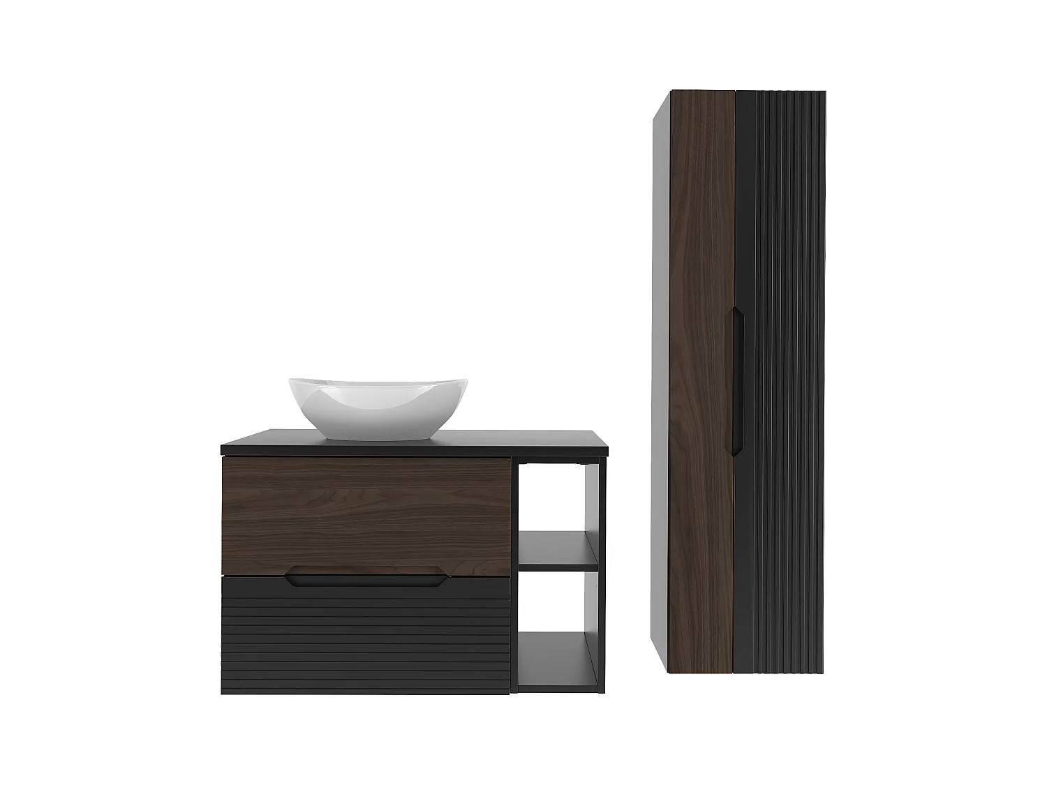 Ensemble de salle de bain 80 cm Armoire avec plateau Étagère Lavabo Colonne Noir mat / Noyer Avella