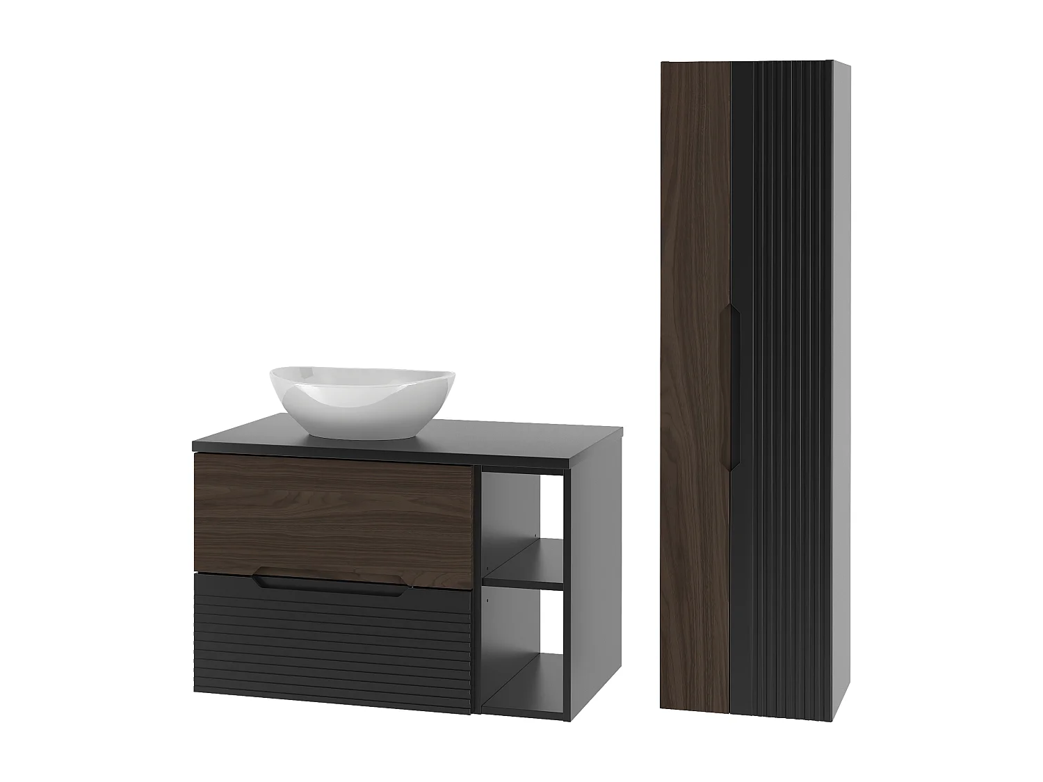 Ensemble de salle de bain 80 cm Armoire avec plateau Étagère Lavabo Colonne Noir mat / Noyer Avella