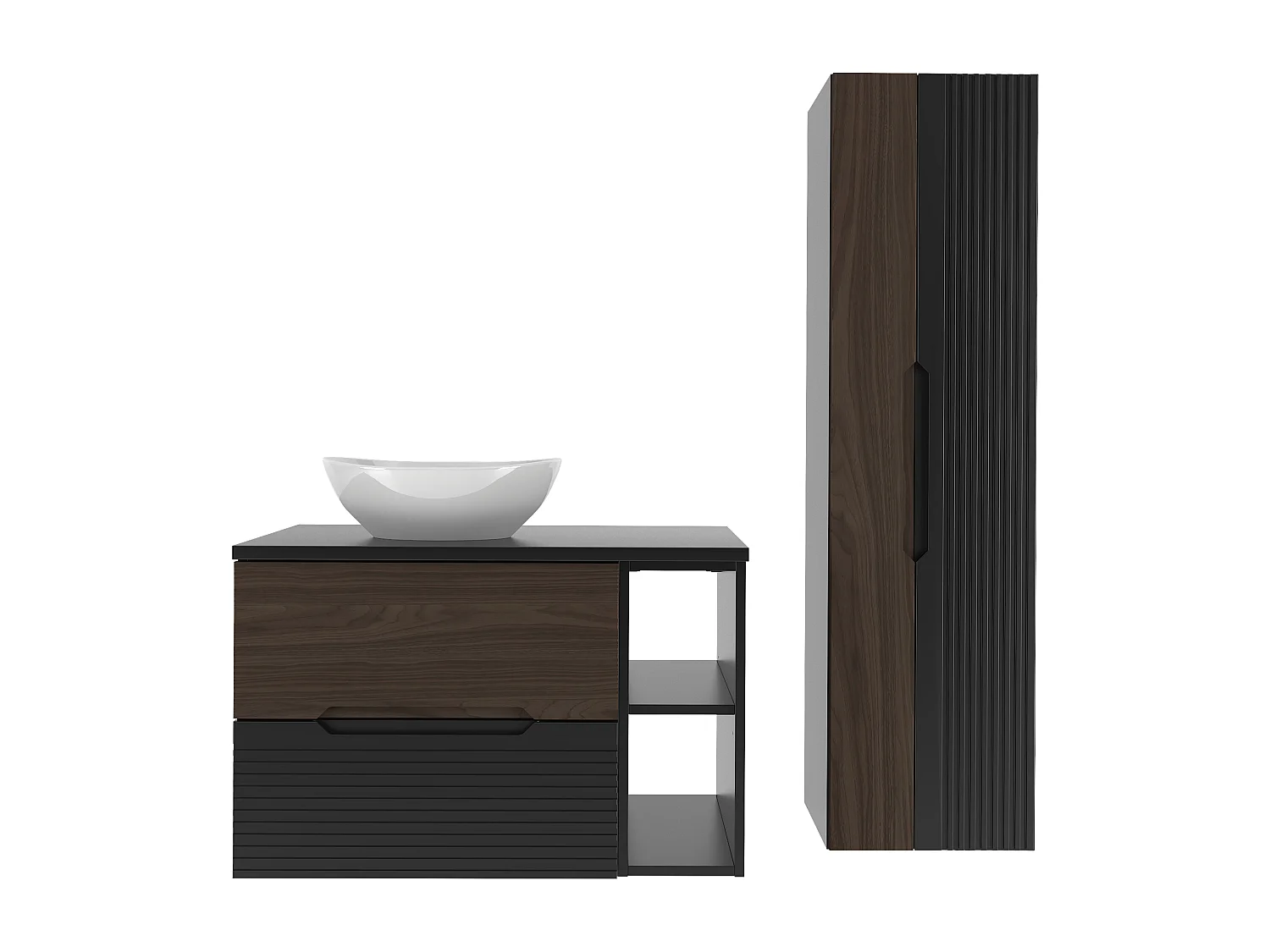 Ensemble de salle de bain 80 cm Armoire avec plateau Étagère Lavabo Colonne Noir mat / Noyer Avella