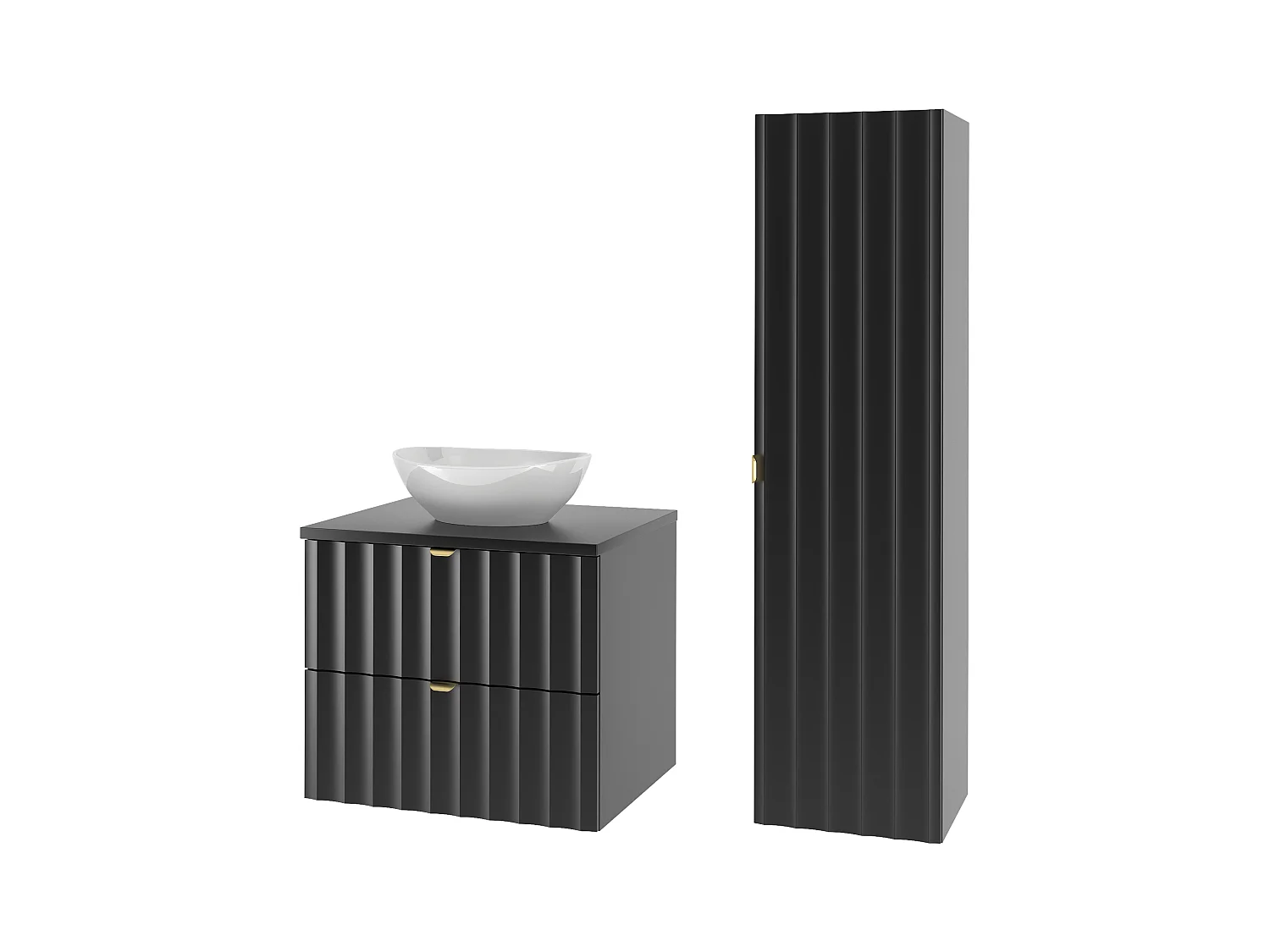 Zwarte badkamerset 60 cm Kast met blad Wastafel Kolom Geribbelde fronten Arcos
