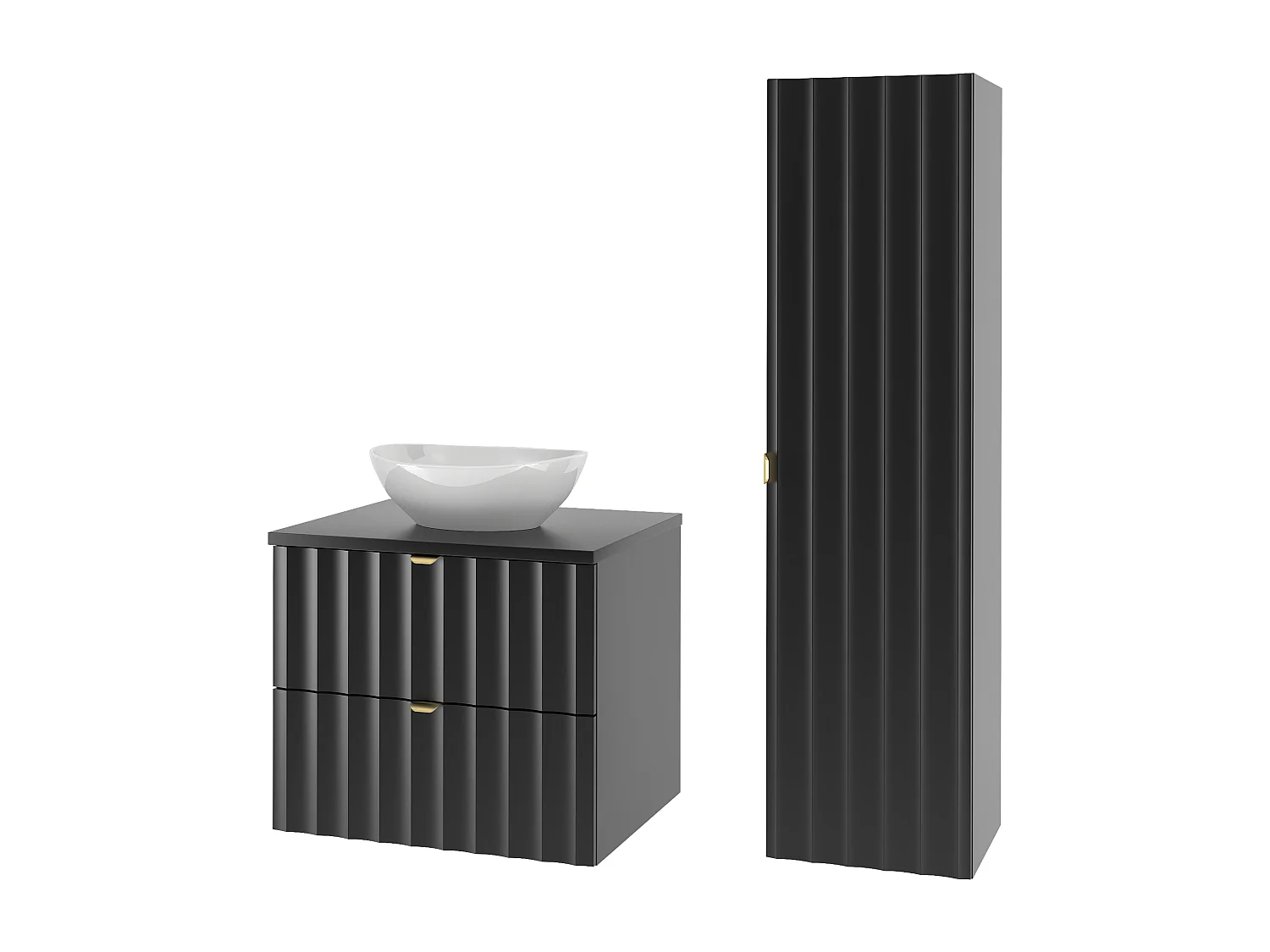 Ensemble de salle de bain noir 60 cm Armoire avec plan de travail Lavabo Colonne Façades rainurées Arcos