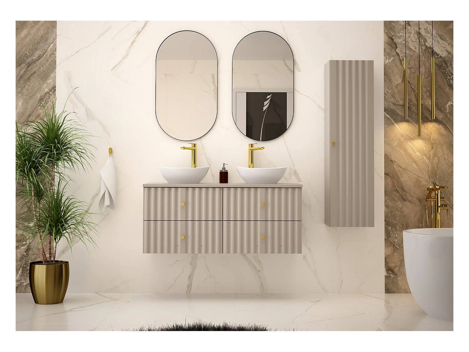 Ensemble de salle de bain en cachemire 120 cm Armoire avec plan de travail Lavabo Colonne Façades rainurées Aqua