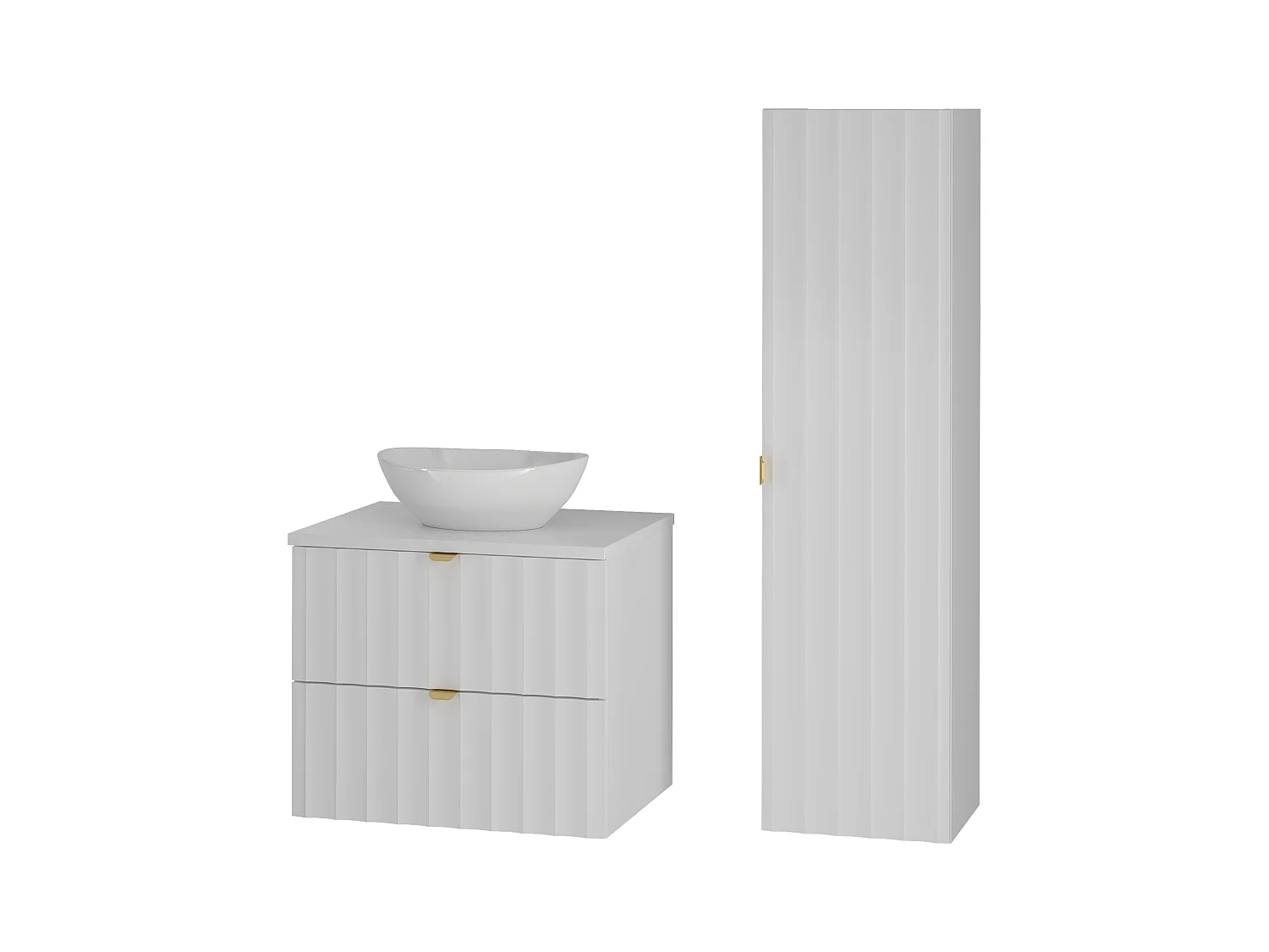 Weiß Bathroom Set 60cm Badezimmerschrank mit Arbeitsplatte und Waschbecken und Hochschrank geriffelte Fronten Arcos