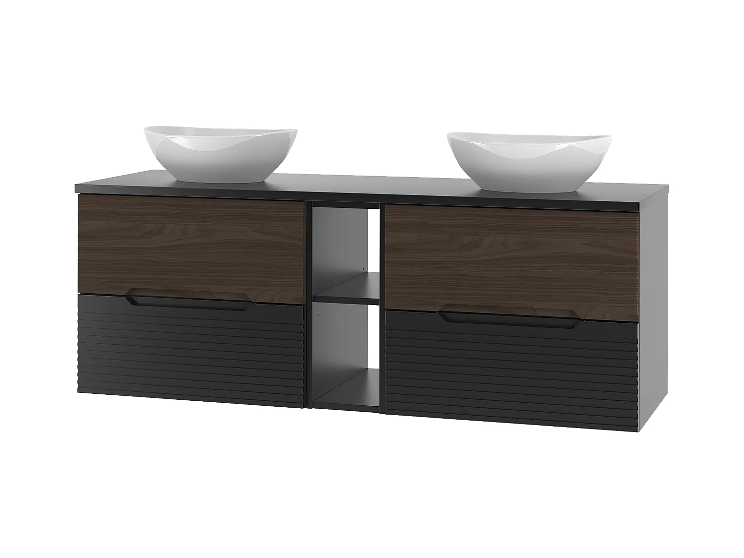 Ensemble de salle de bain 140 cm Armoire avec plan de travail Étagère Lavabo Noir mat / Noyer Avella