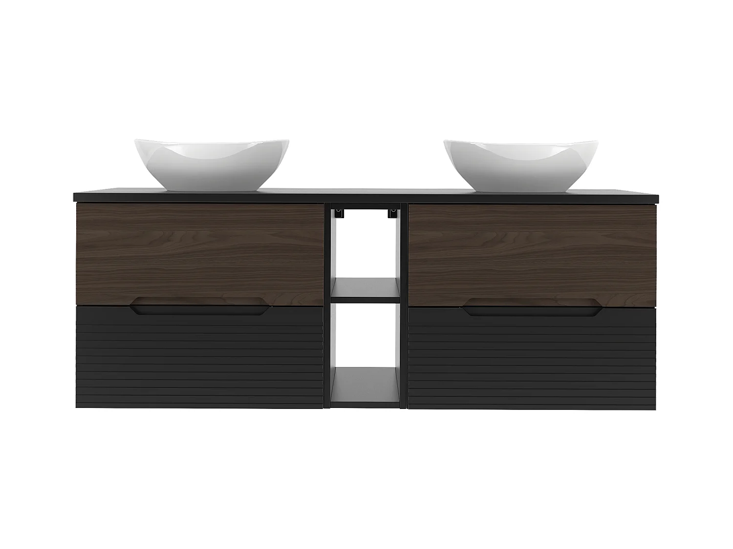 Ensemble de salle de bain 140 cm Armoire avec plan de travail Étagère Lavabo Noir mat / Noyer Avella