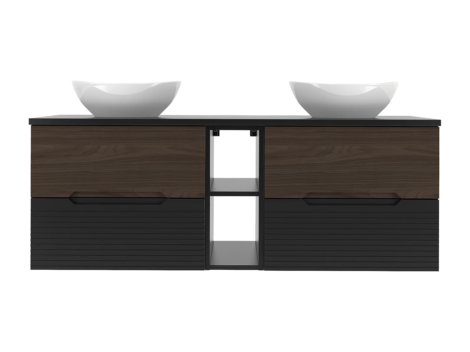 Ensemble de salle de bain 140 cm Armoire avec plan de travail Étagère Lavabo Noir mat / Noyer Avella