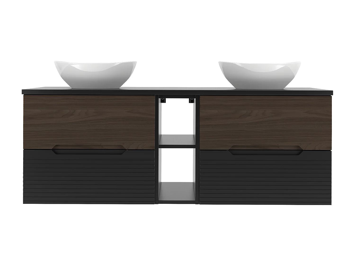 Zestaw Łazienkowy 140cm Szafka z Blatem Regał Umywalka Czarny Mat / Orzech Avella