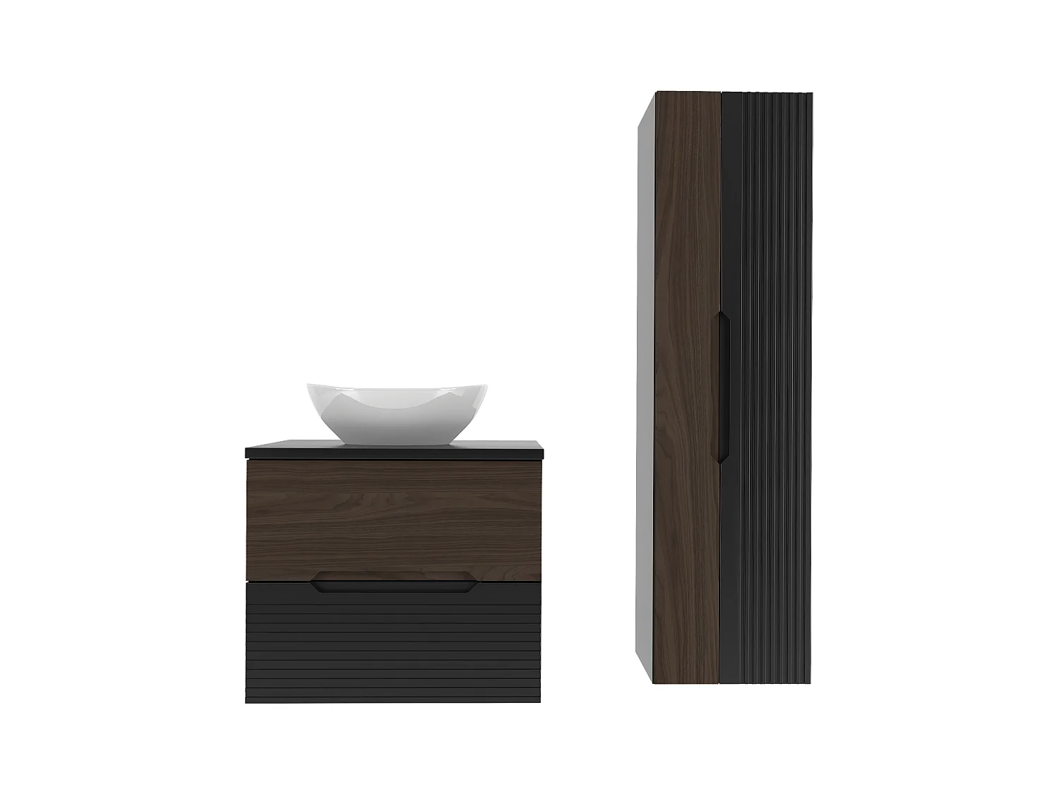 Ensemble de salle de bain 60 cm Armoire avec plan de travail Lavabo Colonne Noir mat / Noyer Avella