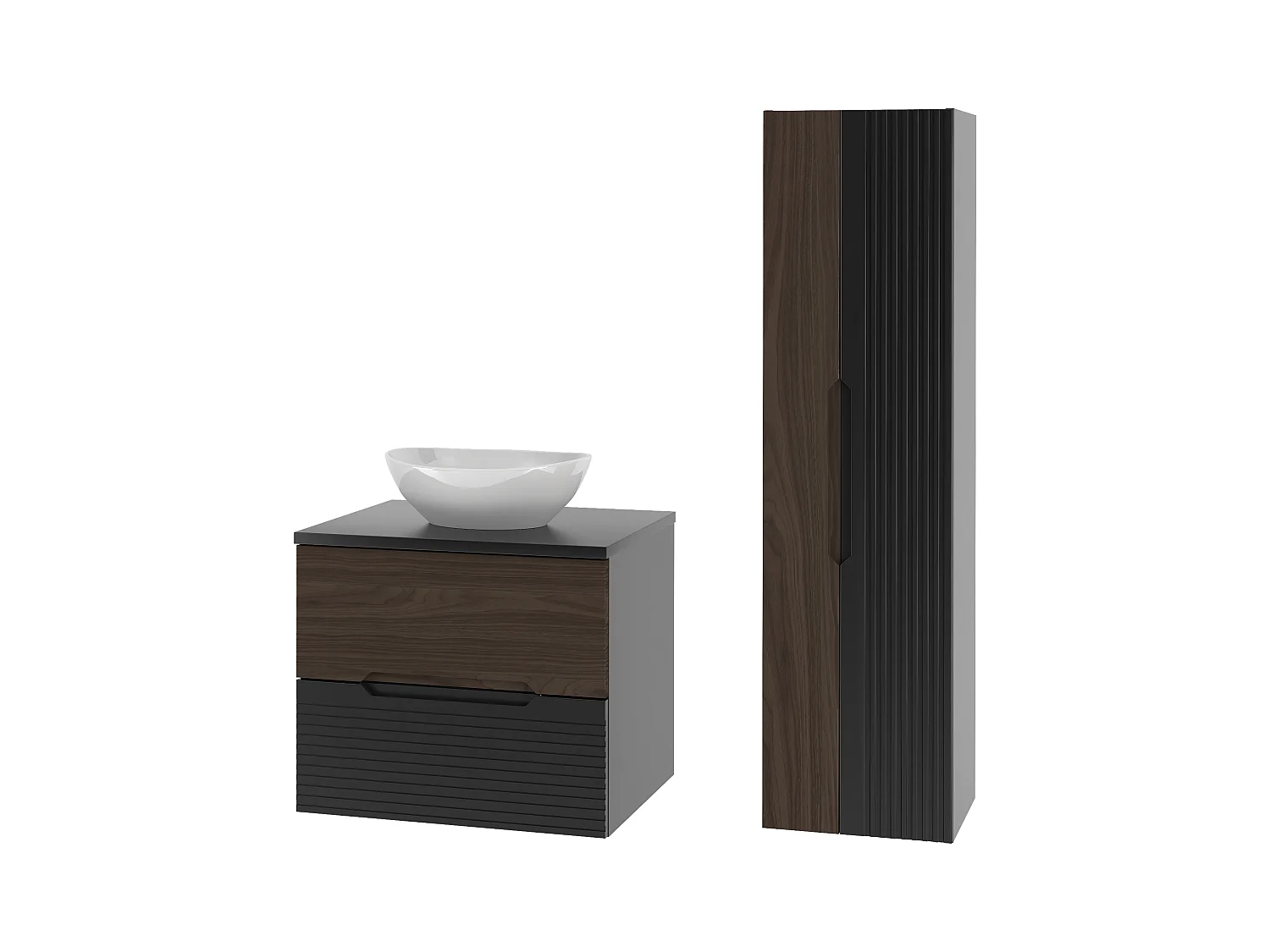 Badkamerset 60 cm Kast met blad Wastafel Kolom Zwart mat / Notenhout Avella