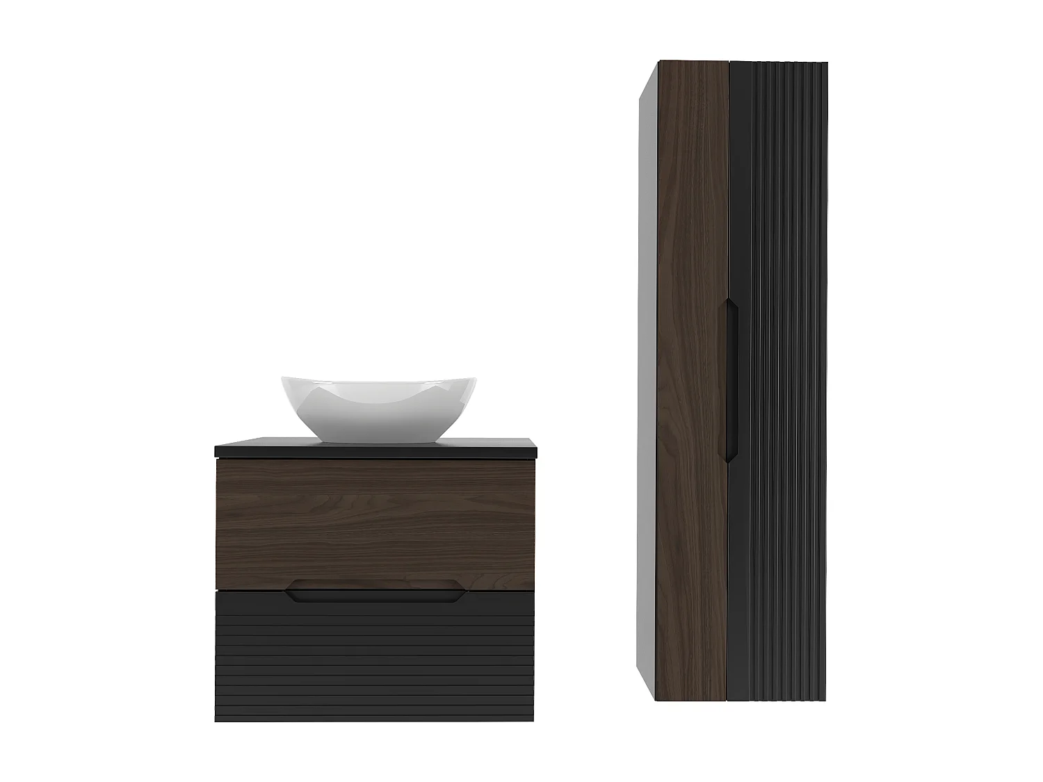 Ensemble de salle de bain 60 cm Armoire avec plan de travail Lavabo Colonne Noir mat / Noyer Avella