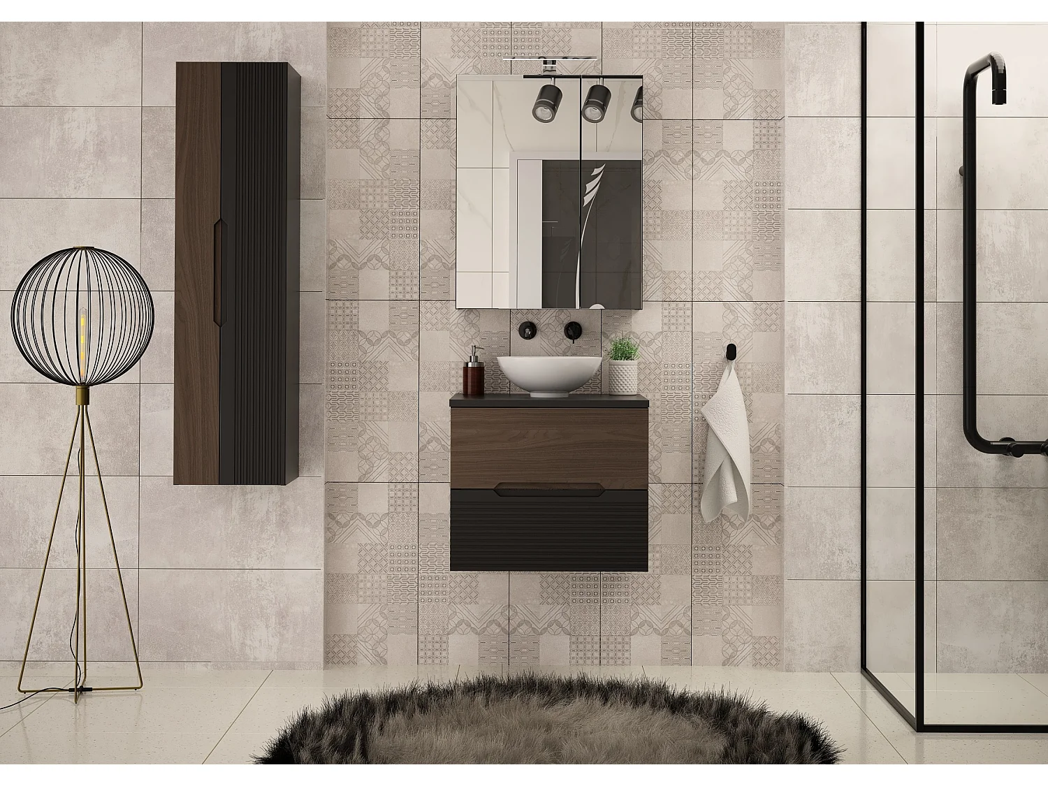 Ensemble de salle de bain 60 cm Armoire avec plan de travail Lavabo Colonne Noir mat / Noyer Avella