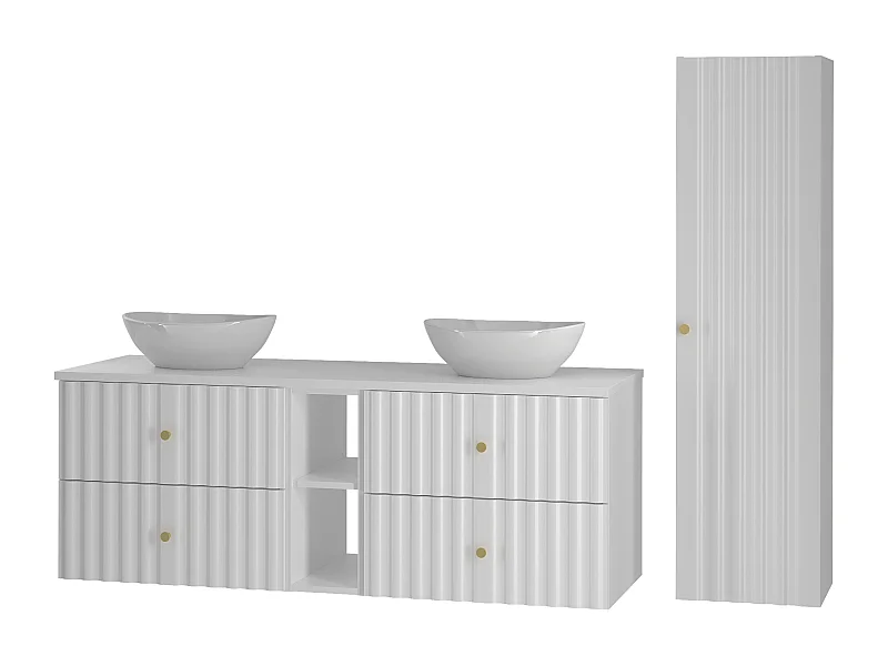 Weiß Badezimmer Set 140cm Schrank und Regal mit Arbeitsplatte und Waschbecken und Hochschrank Geriffelte Fronten Aqua