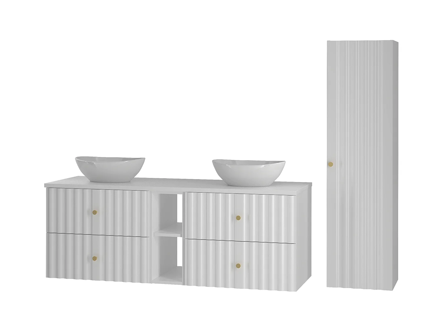 Weiß Badezimmer Set 140cm Schrank und Regal mit Arbeitsplatte und Waschbecken und Hochschrank Geriffelte Fronten Aqua