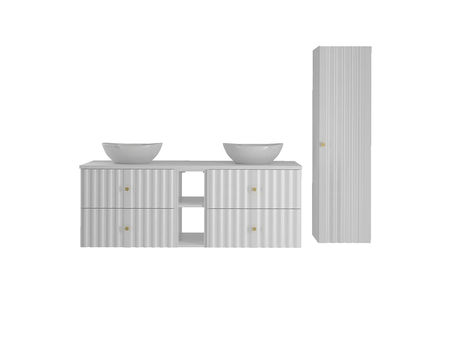 Ensemble de salle de bain blanc 140 cm Armoire avec plan de travail Lavabo Étagère Colonne Façades rainurées Aqua