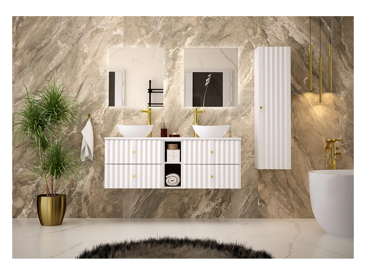 Ensemble de salle de bain blanc 140 cm Armoire avec plan de travail Lavabo Étagère Colonne Façades rainurées Aqua