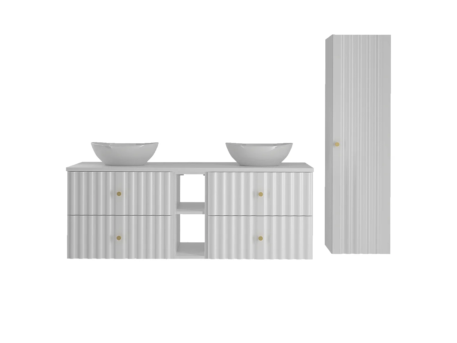 Ensemble de salle de bain blanc 140 cm Armoire avec plan de travail Lavabo Étagère Colonne Façades rainurées Aqua