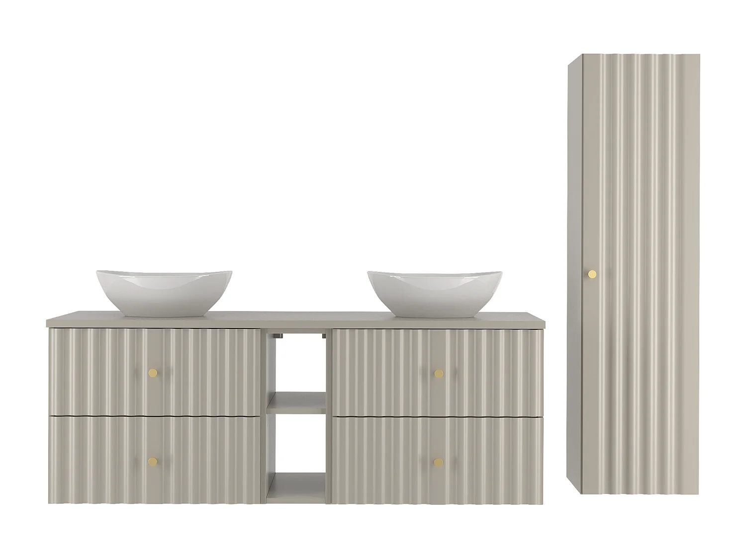 Ensemble de salle de bain en cachemire 140 cm Armoire avec plan de travail Lavabo Étagère Colonne Façades rainurées Aqua