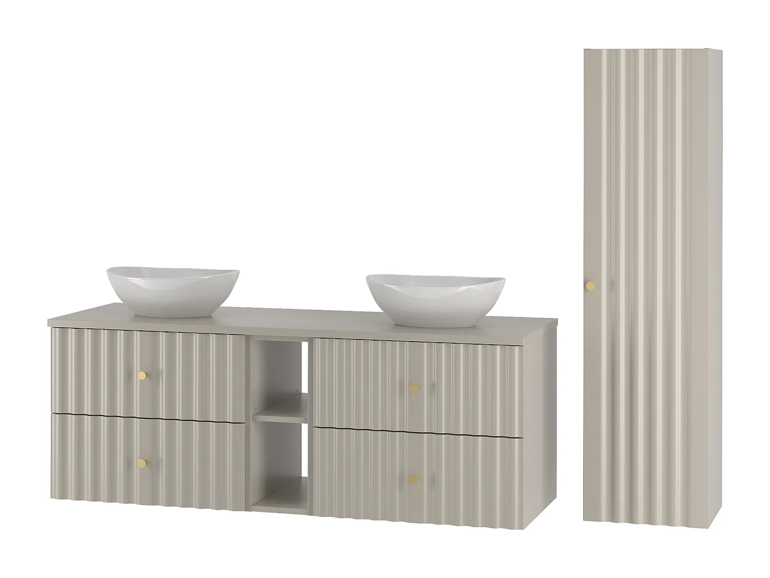 Ensemble de salle de bain en cachemire 140 cm Armoire avec plan de travail Lavabo Étagère Colonne Façades rainurées Aqua